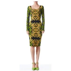 Alice + Olivia Delora Midi Dress Size 0 Green Baroque Long Sleeve Royal Luxury